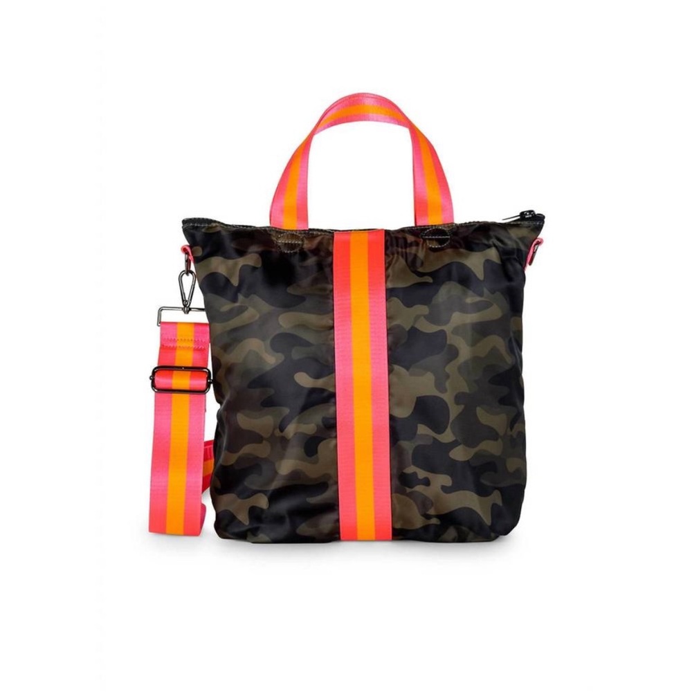 NWT HAUTE SHORE women's logan showoff bag in green camo/pink/orange stripes - Picture 4 of 10